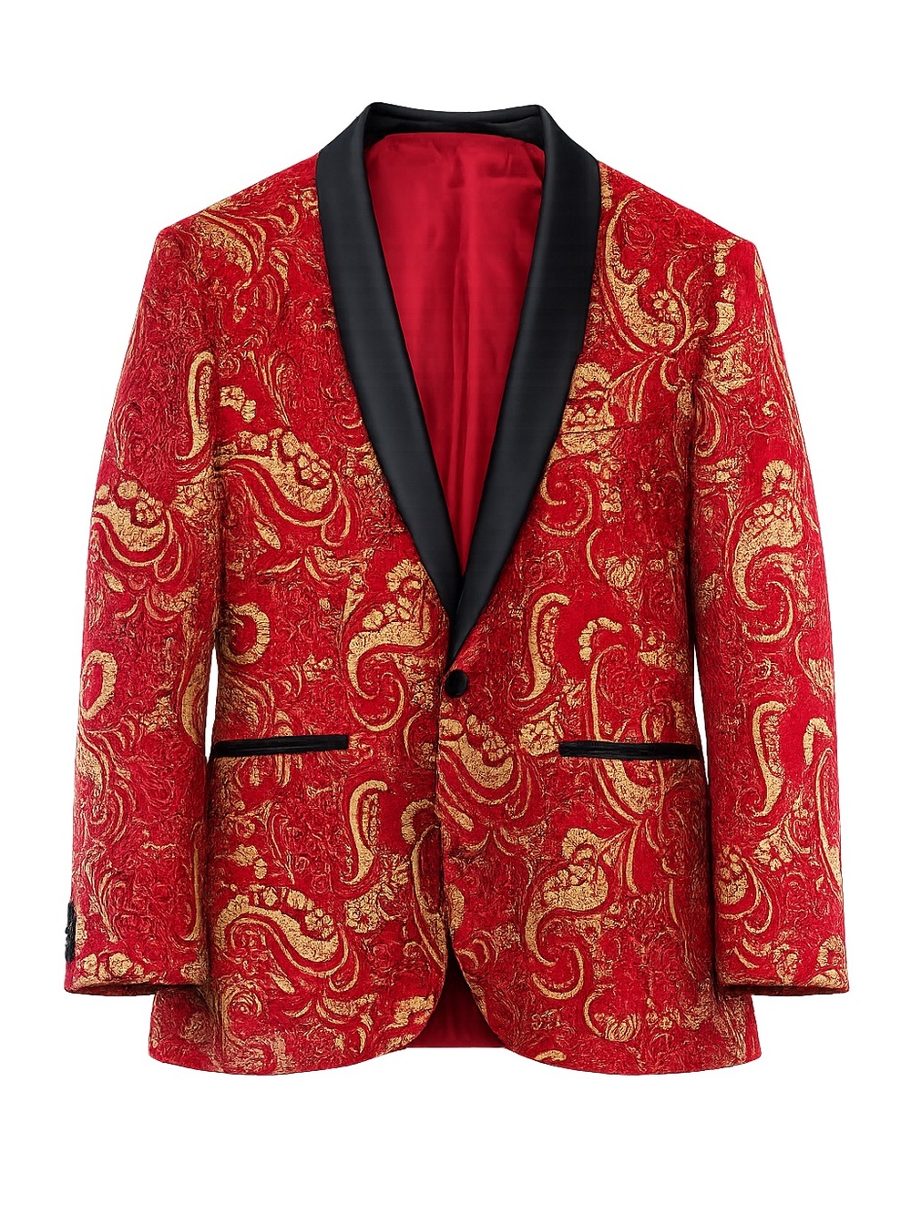 Coofandy Mens Red & Gold Paisley Tuxedo Jacket With Black Satin Lapel 2XL